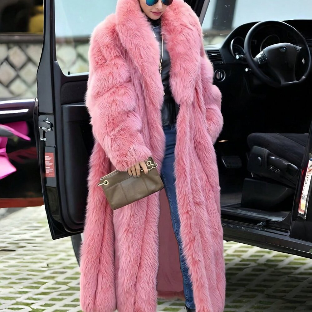 Pink Casual Womens Luxurious Waterfall Neckline Flowy Faux Fur Long Jacket Coat